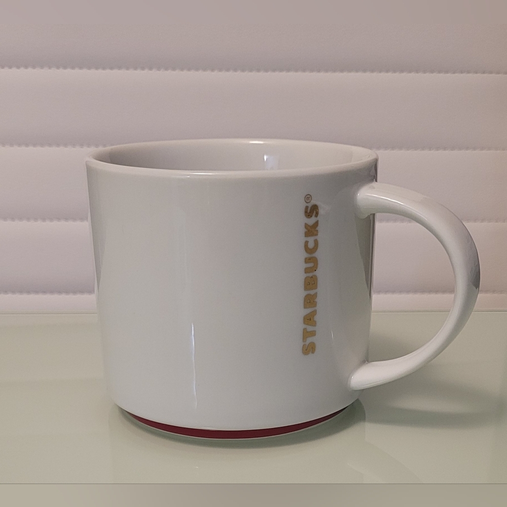 Starbucks 2012 16 Oz. White Ceramic Stackable Mug Red TRIM Gold LOGO